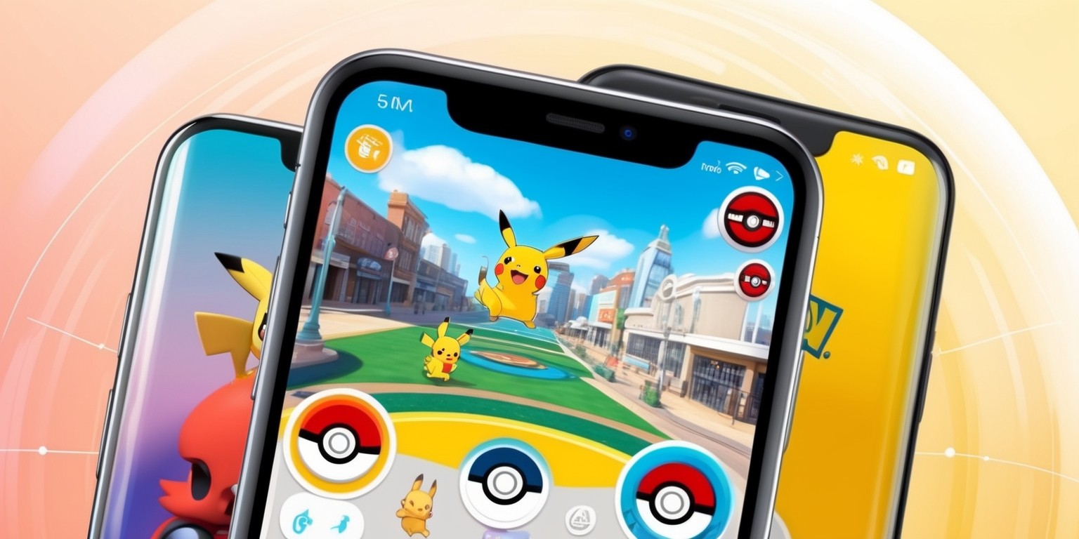 A modern, sleek smartphone screen displaying the Pokémon GO app in vibrant colors, with a clean and intuitive interface featuring a mix of digital and realistic elements, showcasing a scrolling map view of a fictional urban environment, complete with cartoon-style illustrations of popular Pokémon characters, such as Pikachu and Charmander, amidst virtual PokéStops and Gyms, surrounded by subtle animations and 3D effects, with bold, rounded buttons and a navigation bar at the bottom, all set against a bright, sunny background with a slight gradient effect, evoking a sense of adventure and excitement.